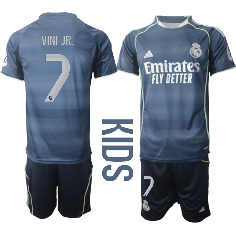 Youth 2025-2026 Club Real Madrid away Blue 7 Soccer Jersey1